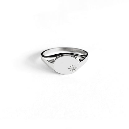 Dainty Star Diamond Oval Signet Ring in Solid Gold