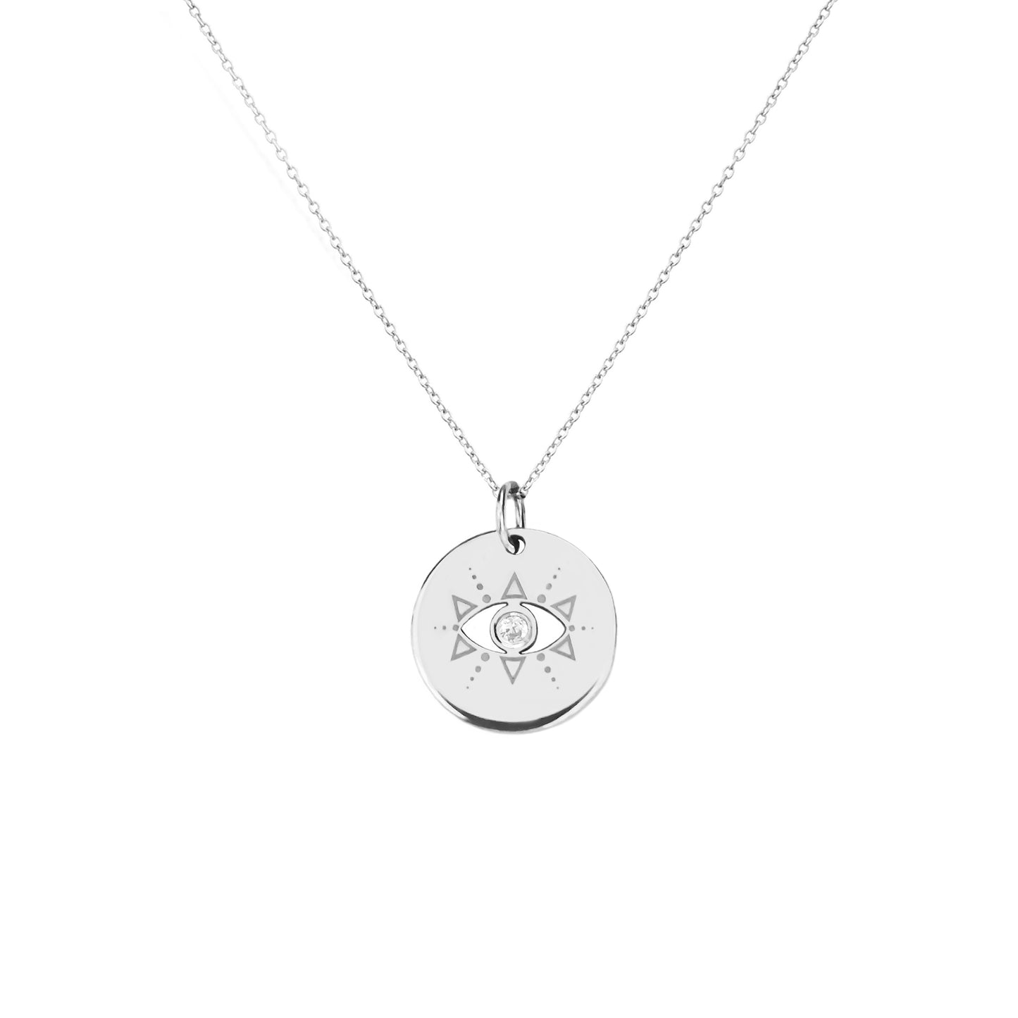 solid white gold evil eye disc pendant necklace set with a diamond in the center