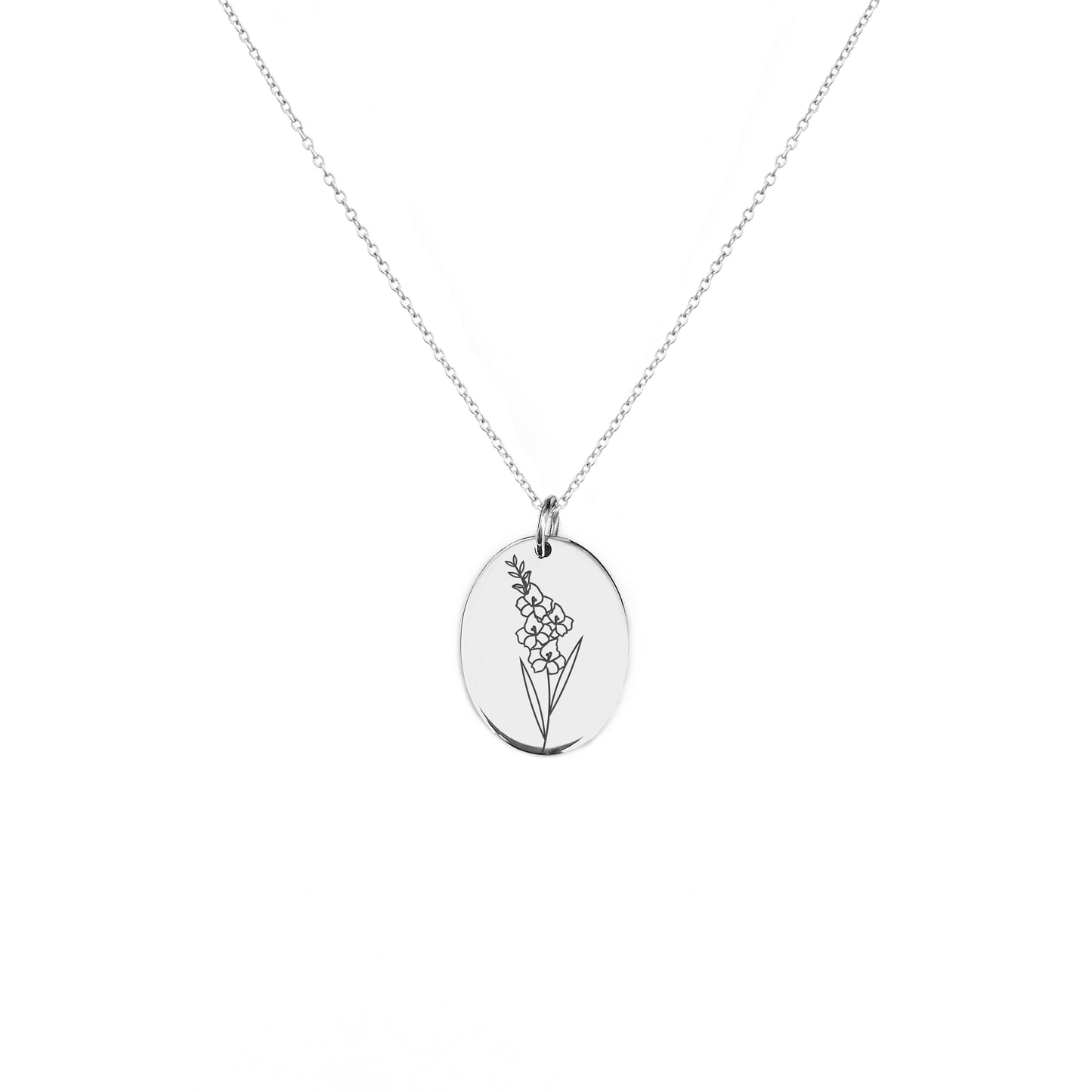 solid white gold oval pendant necklace engraved with a Gladiolus the birth flower of August