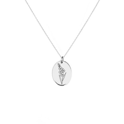 solid white gold oval pendant necklace engraved with a Gladiolus the birth flower of August