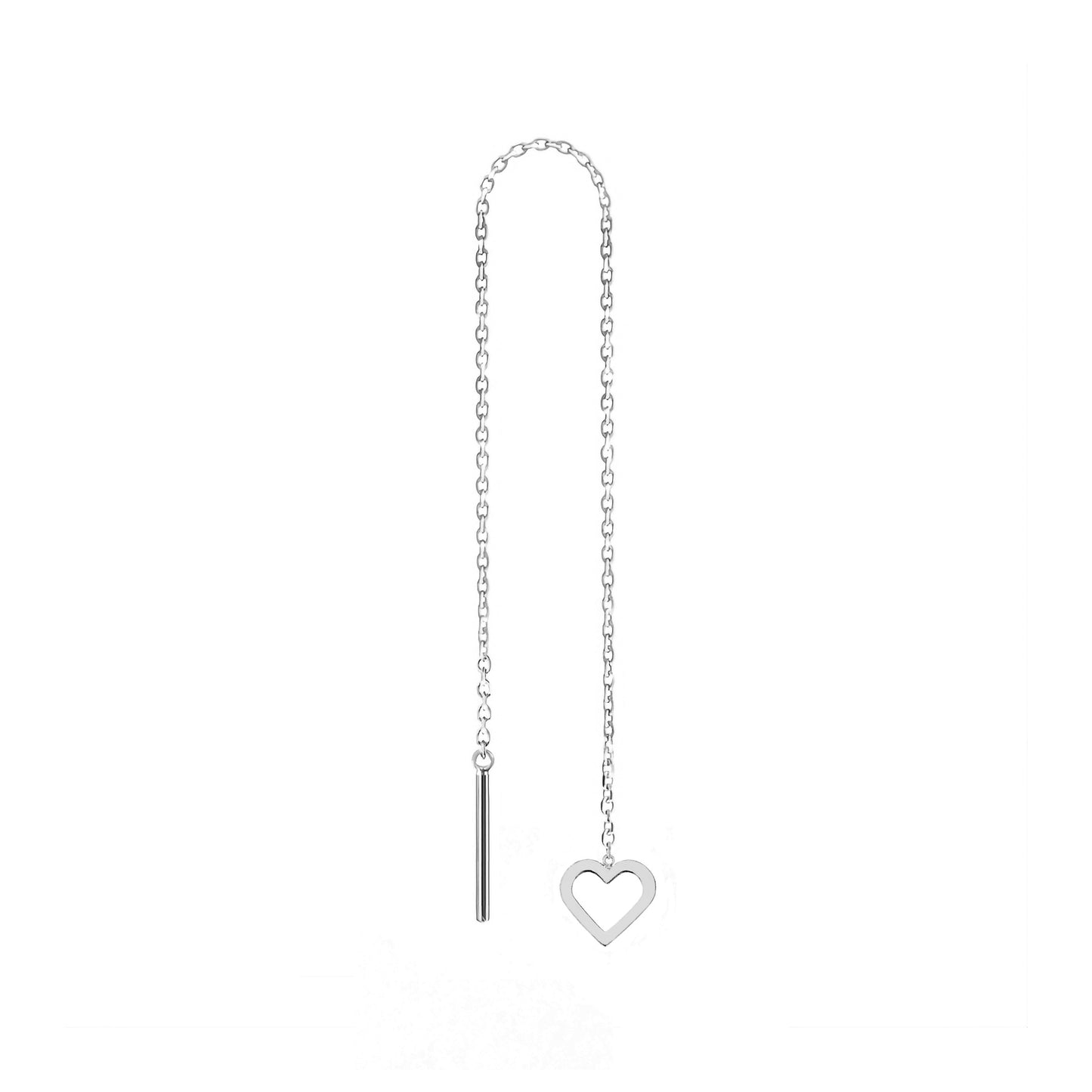 solid white gold single threader pull through earrings with tiny hearts