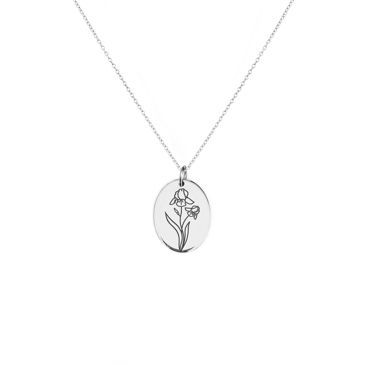 solid white gold oval pendant necklace engraved with an Iris the birth flower of February