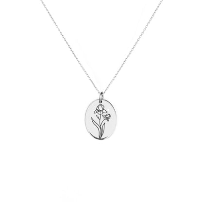 solid white gold oval pendant necklace engraved with an Iris the birth flower of February