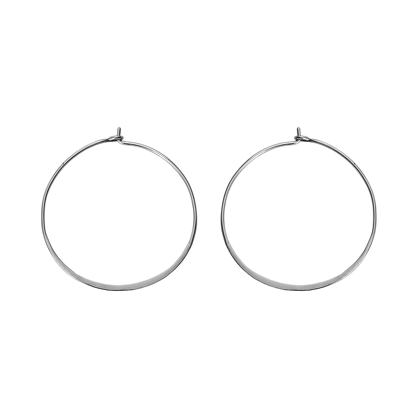 pair of solid white gold thin hoop earrings 40mm diameter with flattened bottom