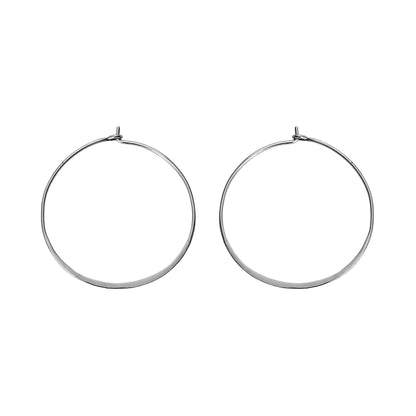 pair of solid white gold thin hoop earrings 40mm diameter with flattened bottom