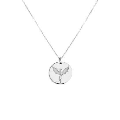 solid white gold necklace with a 14mm diameter disc pendant engraved with a phoenix firebird