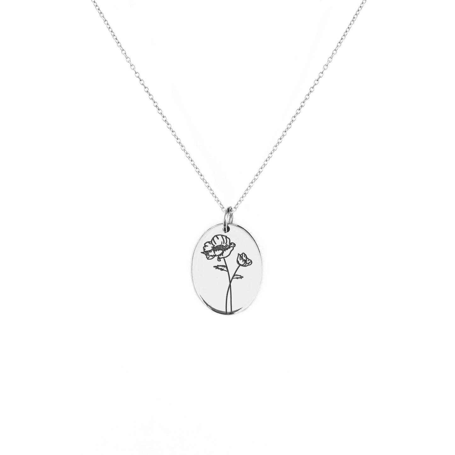 solid white gold oval pendant necklace engraved with a Poppy the birth flower of August