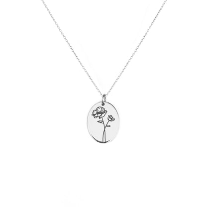 solid white gold oval pendant necklace engraved with a Poppy the birth flower of August