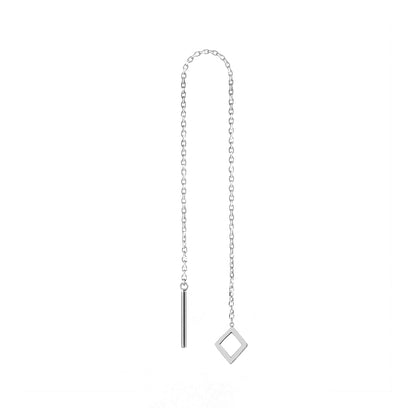 solid white gold single threader pull through earring with tiny rhombus