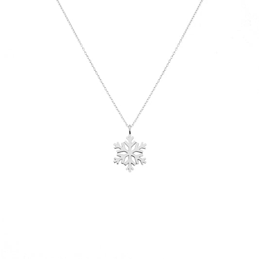 solid white gold necklace with a small pendant in the shape of a snowflake