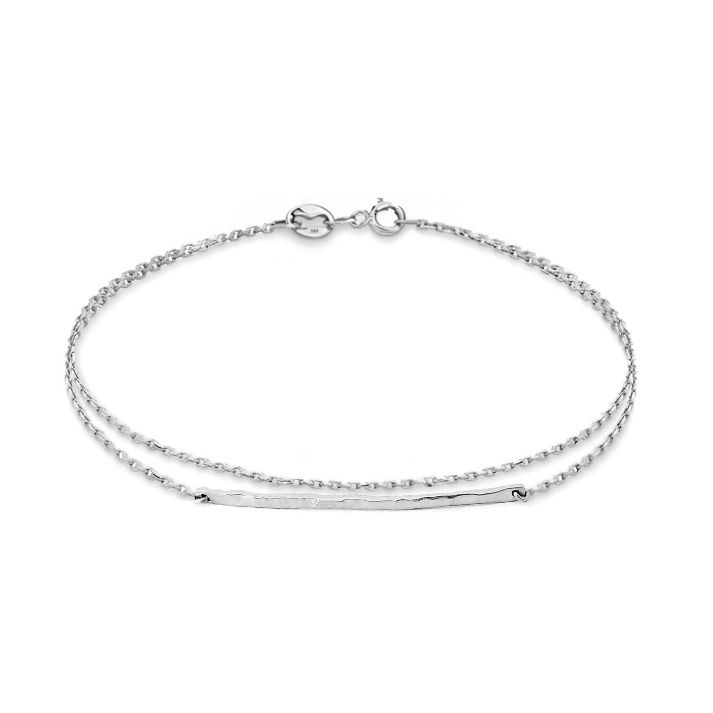 solid white gold bracelet with a thin hammered bar and double thin chain