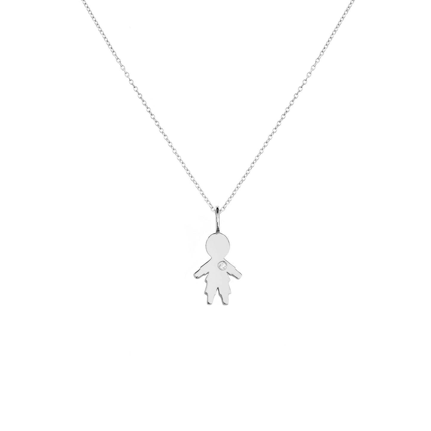 solid white gold necklace with tiny boy outline charm set with tiny diamond