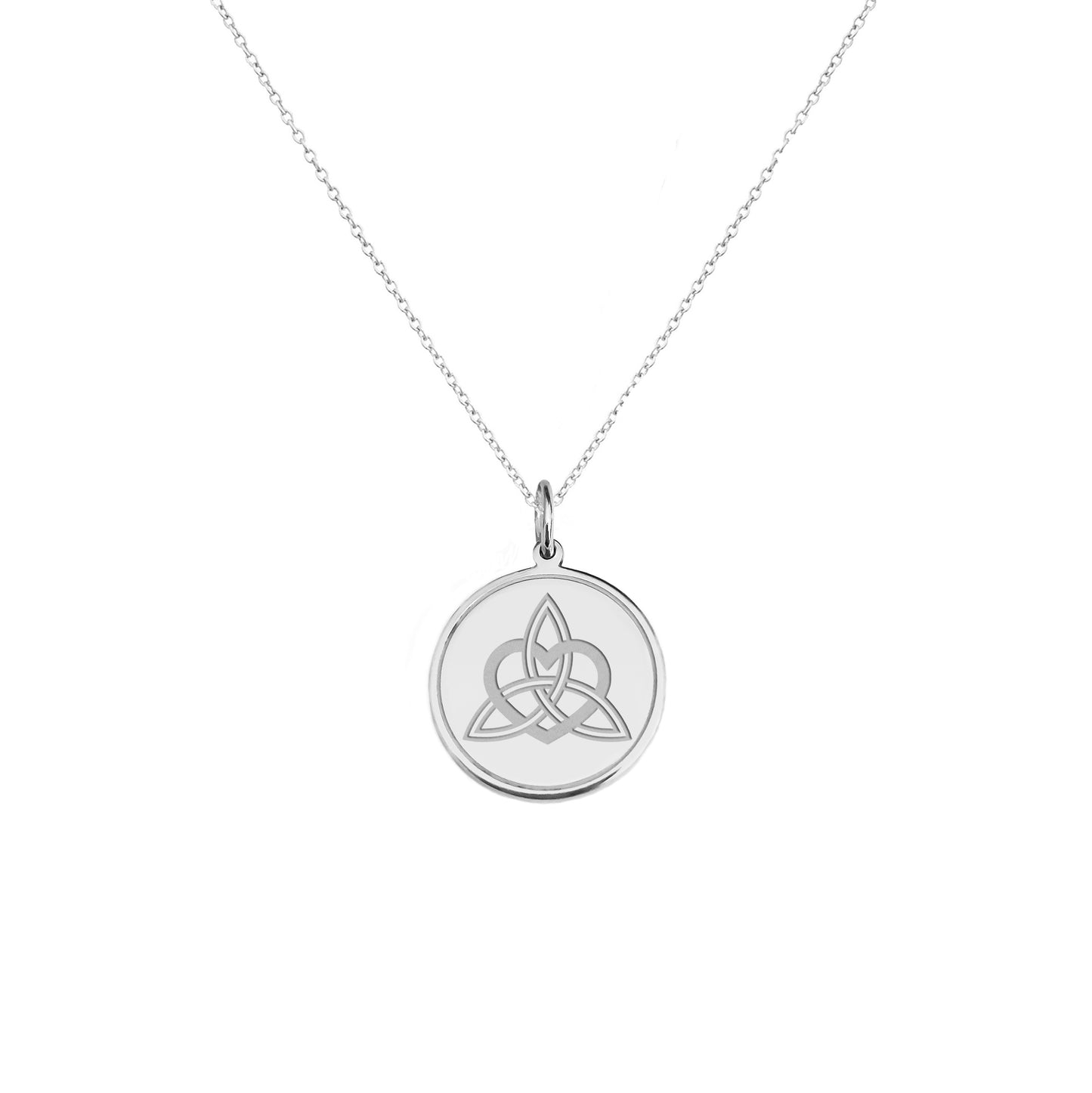 solid white gold disc pendant necklace engraved with a triquetra everlasting love celtic knot with a circle frame around it