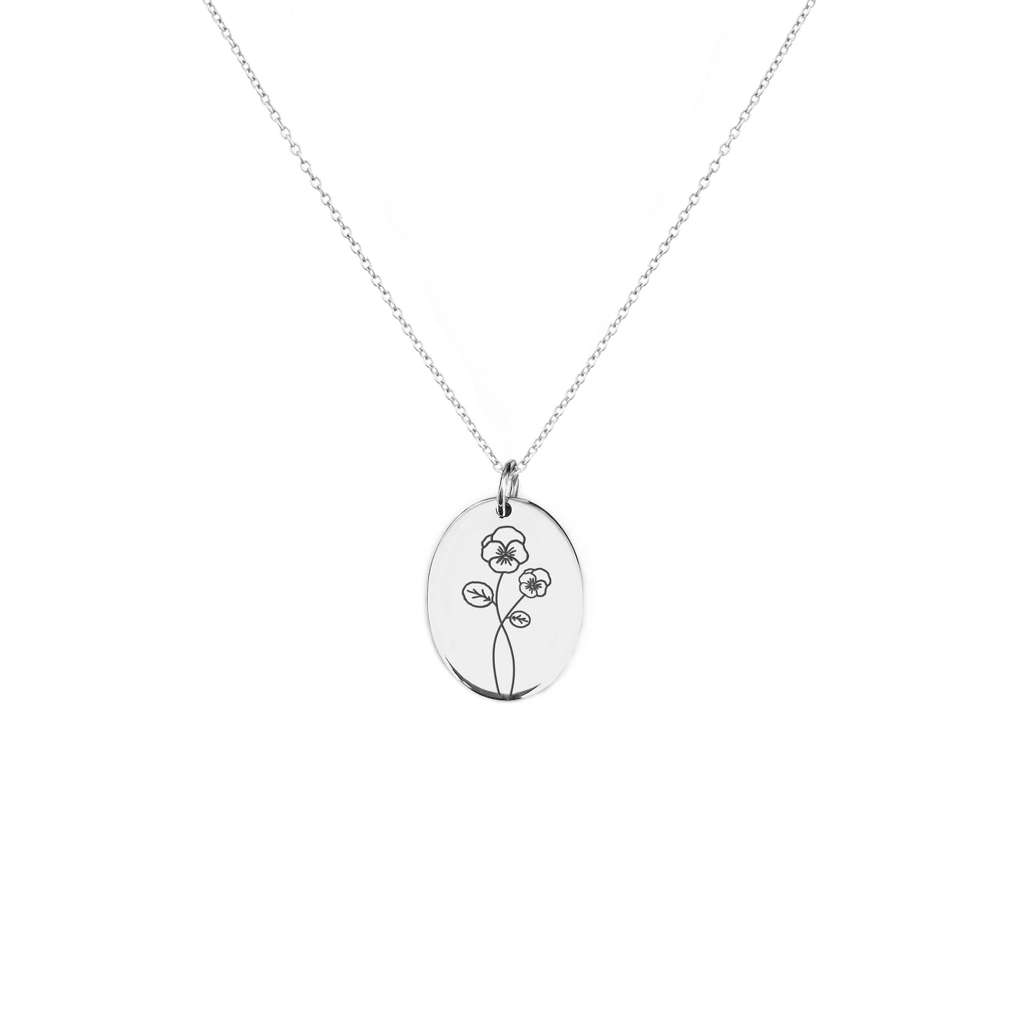 solid white gold oval pendant necklace engraved with a Violet the birth flower of February