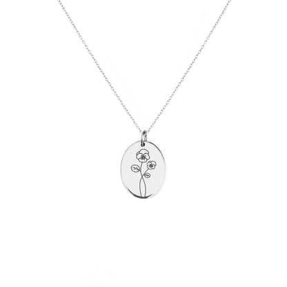 solid white gold oval pendant necklace engraved with a Violet the birth flower of February