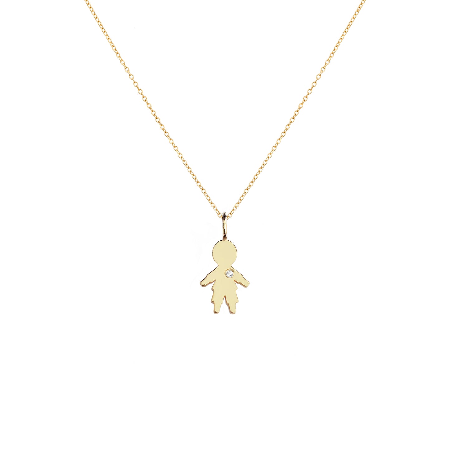 solid yellow gold necklace with tiny boy outline charm set with tiny diamond