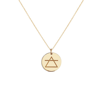 solid yellow gold necklace with a 14mm disc pendant engraved with the air element