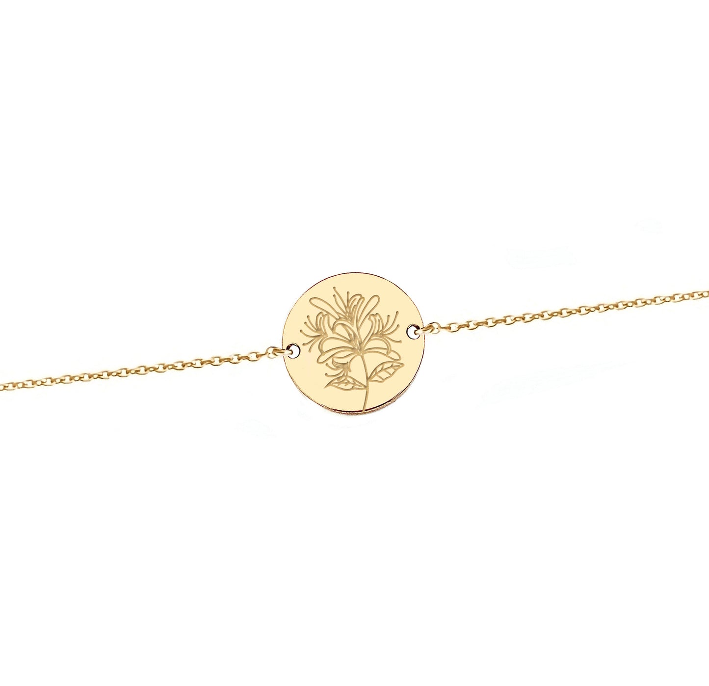 solid yellow gold bracelet with a 14mm disc charm engraved with a Honeysuckle birth month flower