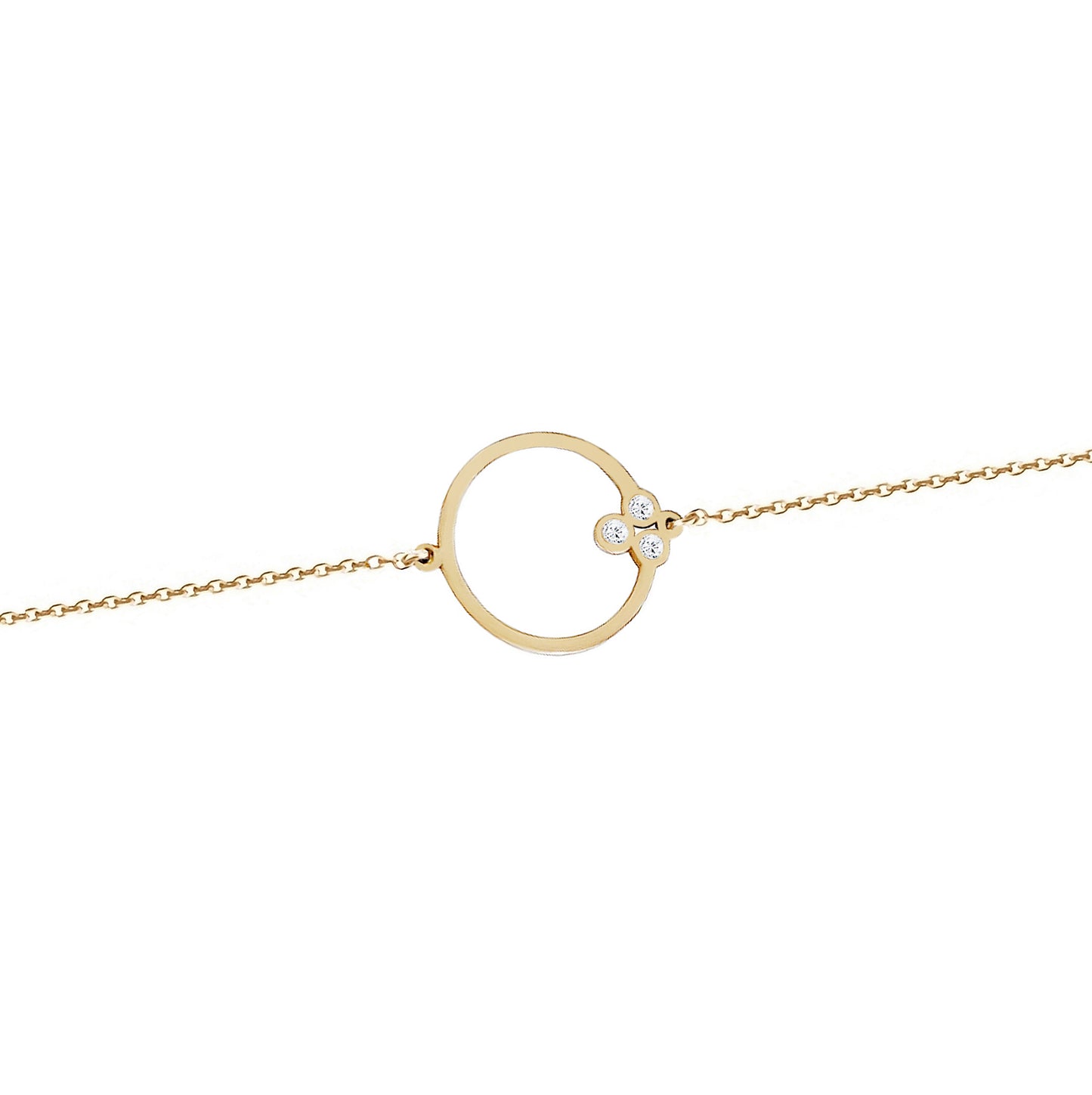 solid yellow gold circle karma charm bracelet set with three tiny diamonds