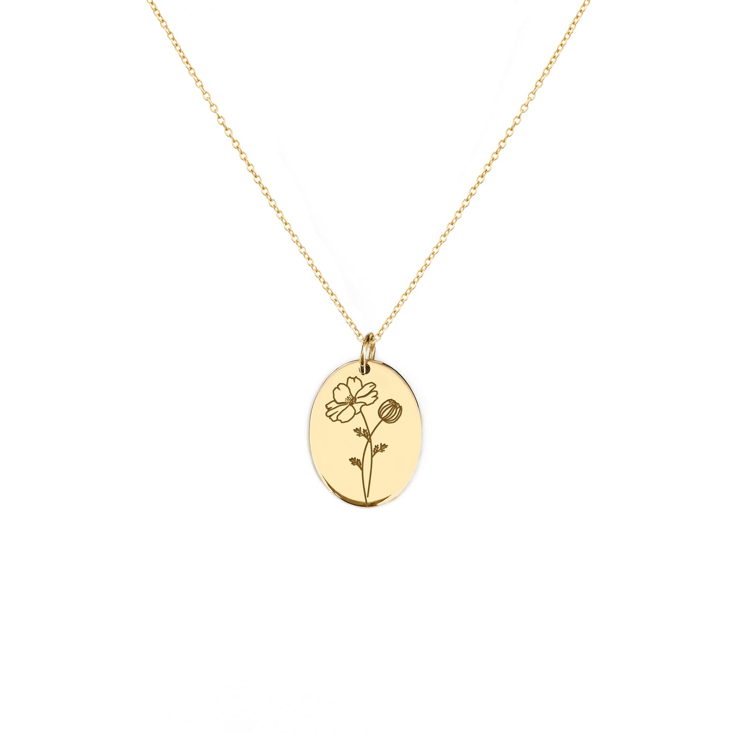 solid yellow gold oval pendant necklace engraved with a Cosmos the birth flower of October