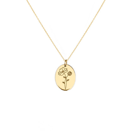 solid yellow gold oval pendant necklace engraved with a Cosmos the birth flower of October