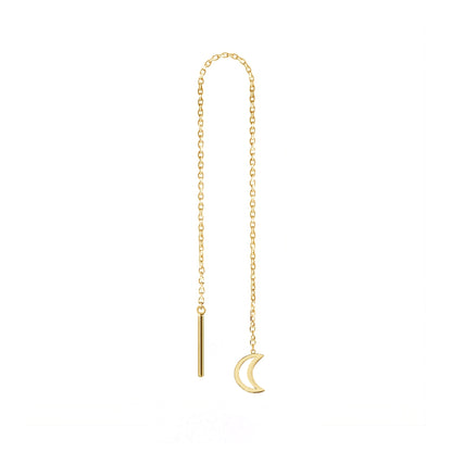 solid yellow gold single threader pull through earring with a tiny crescent moon