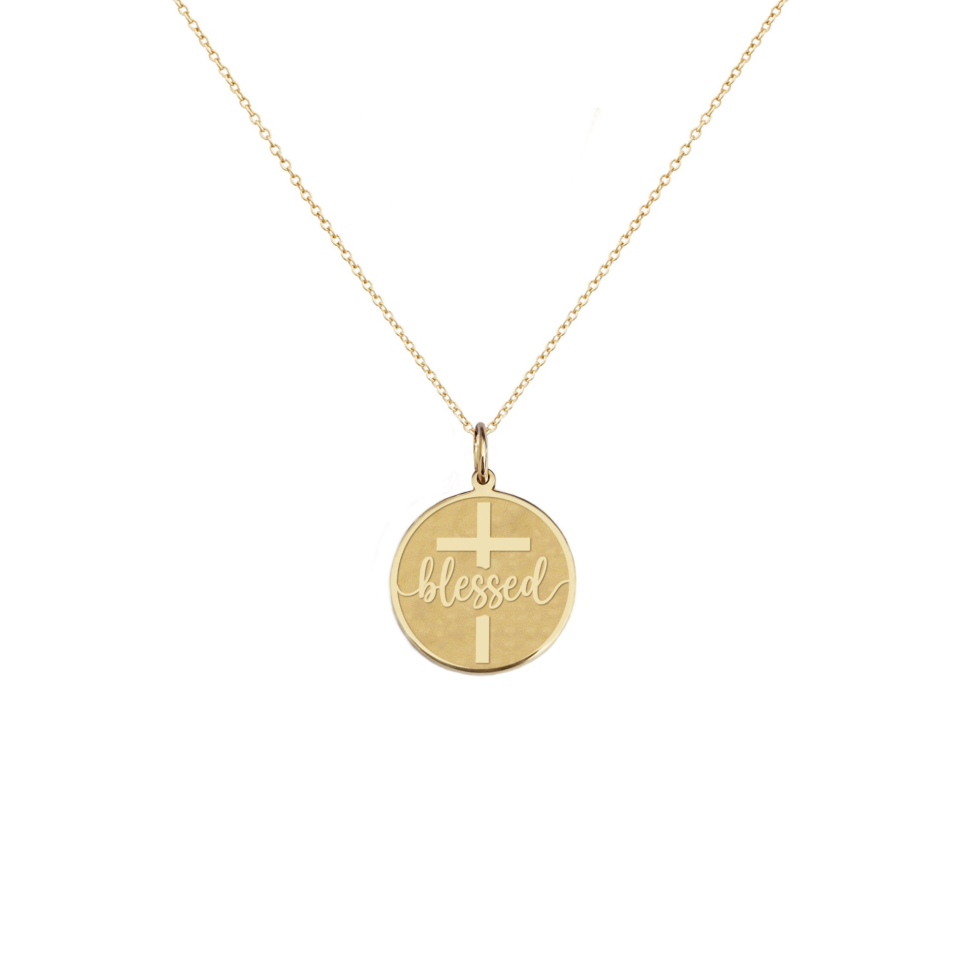 solid yellow gold necklace with a disc pendant engraved with the word blessed and a cross 