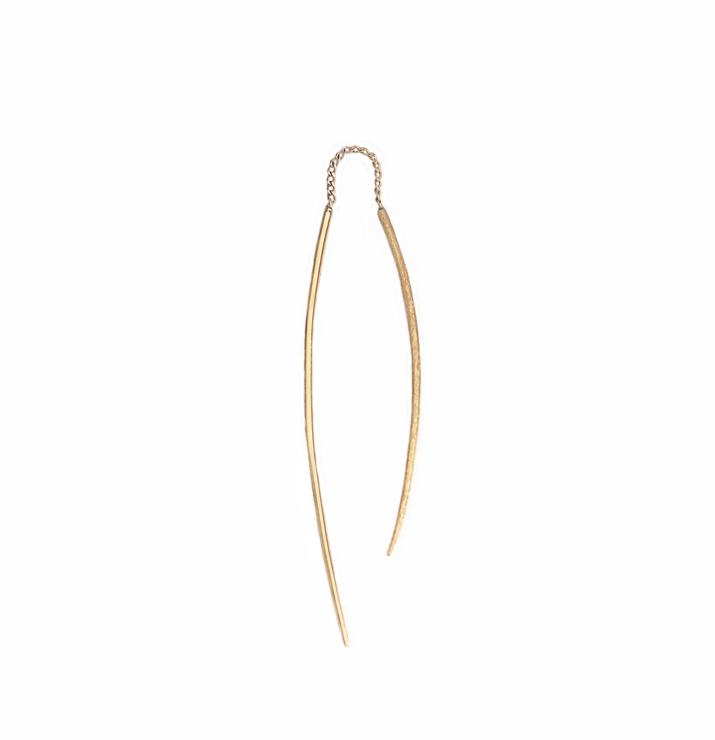 solid yellow gold single swing threader earring with one matte curved bar and one longer polished curved bar 