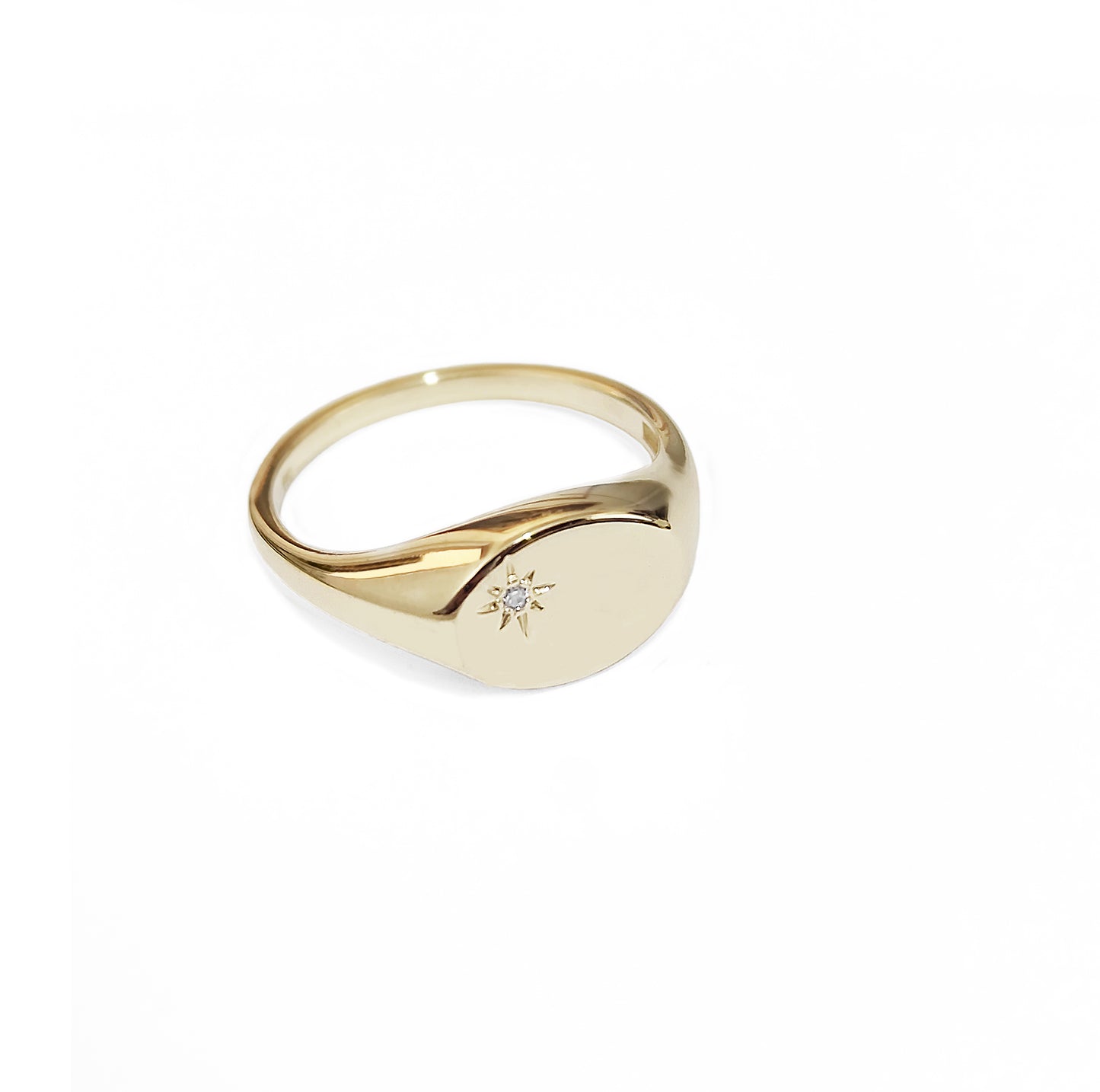 Dainty Star Diamond Oval Signet Ring in Solid Gold