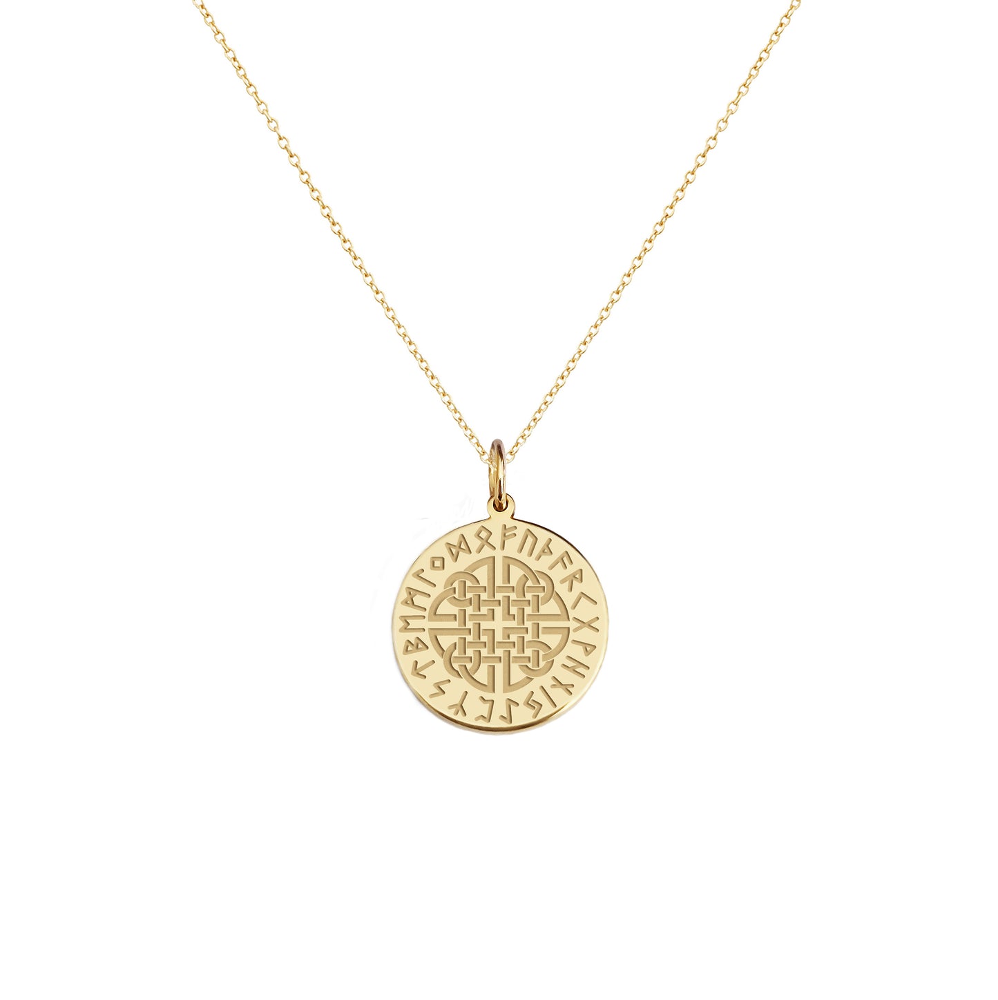 yellow gold necklace with a 14mm disc pendant engraved with a dara celtic knot with runes