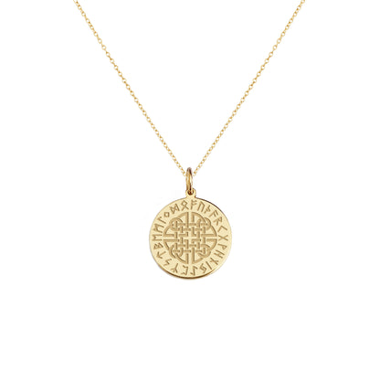 yellow gold necklace with a 14mm disc pendant engraved with a dara celtic knot with runes