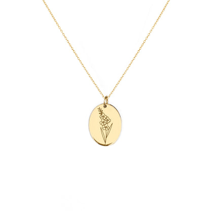 solid yellow gold oval pendant necklace engraved with a Gladiolus the birth flower of August