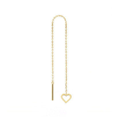 solid yellow gold single threader pull through earrings with tiny hearts