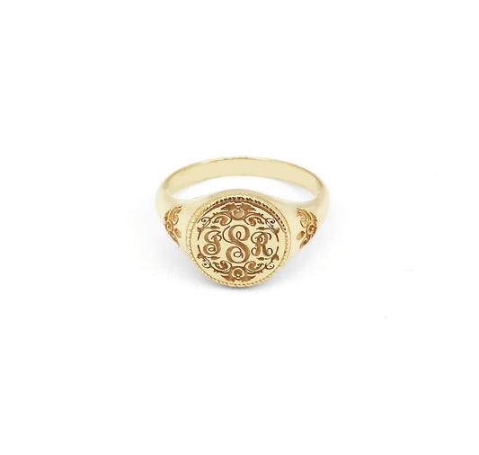 Personalized Initials Floral Art Nouveau Signet Ring in Solid Gold