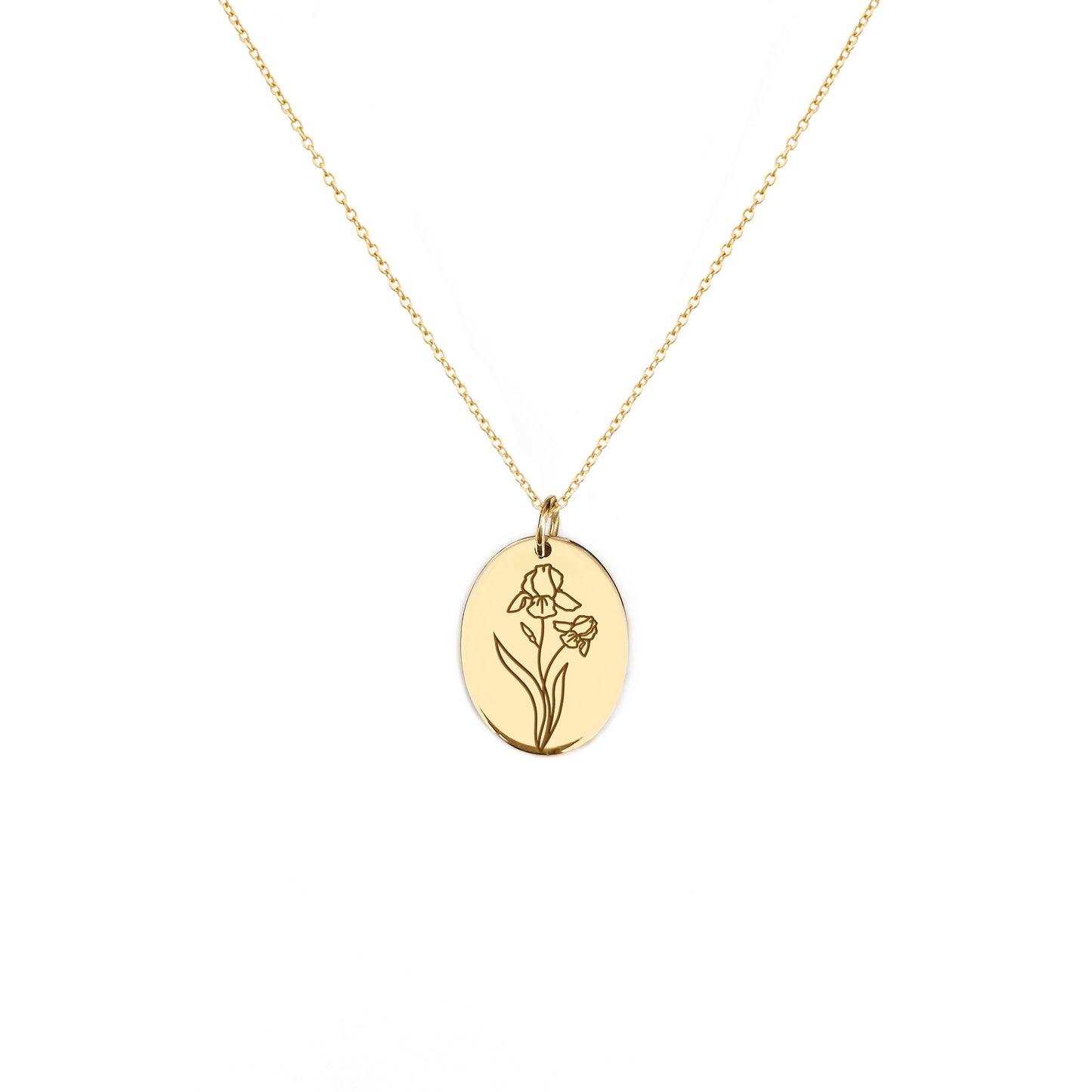 solid yellow gold oval pendant necklace engraved with an Iris the birth flower of February