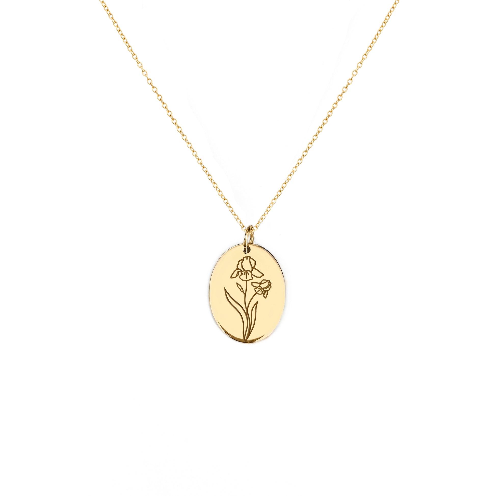 solid yellow gold oval pendant necklace engraved with an Iris the birth flower of February