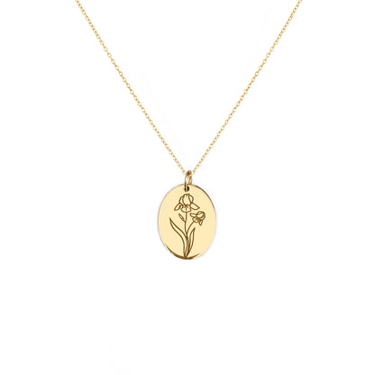 solid yellow gold oval pendant necklace engraved with an Iris the birth flower of February