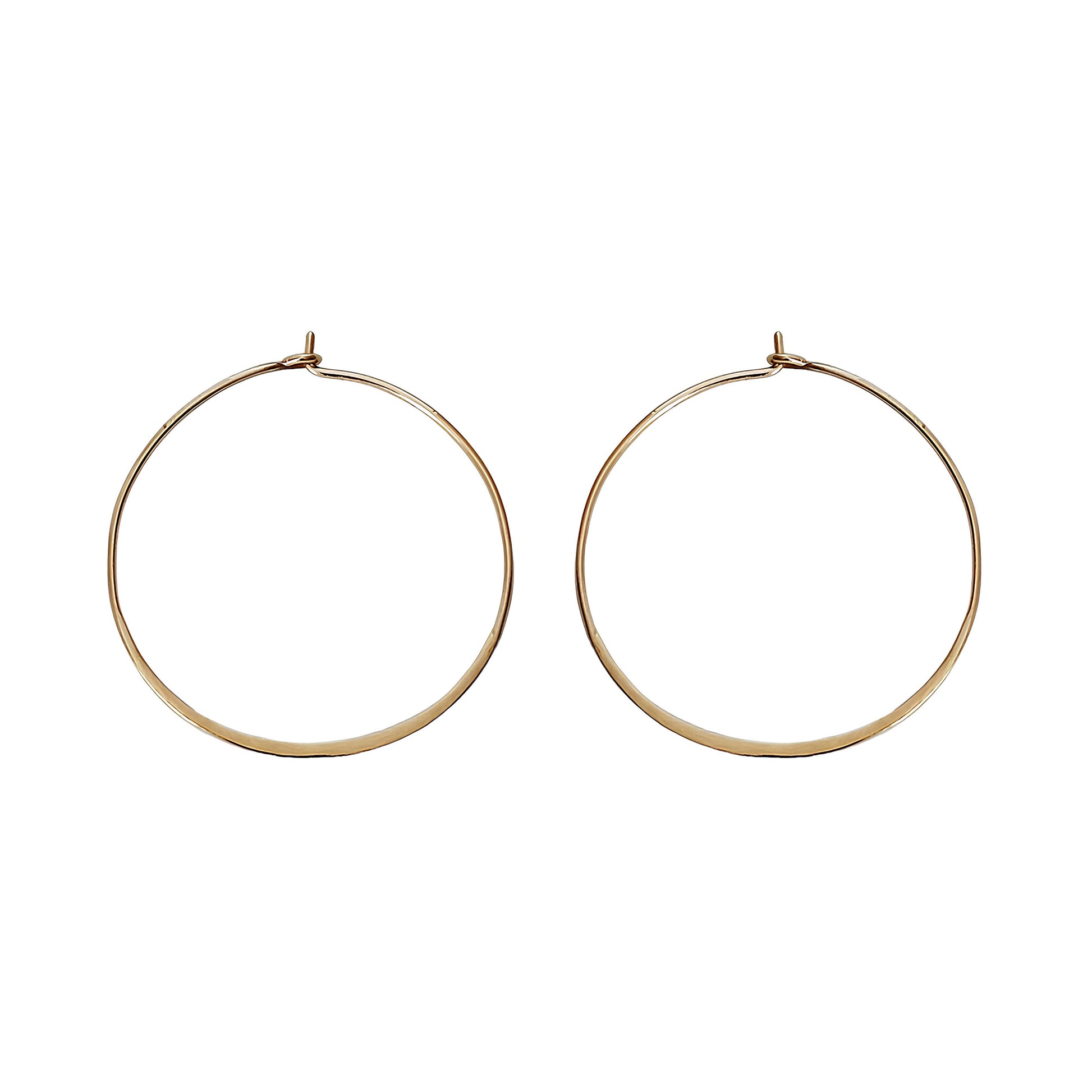 pair of solid yellow gold thin hoop earrings 40mm diameter and flattened bottom