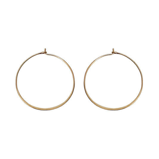 pair of solid yellow gold thin hoop earrings 40mm diameter and flattened bottom