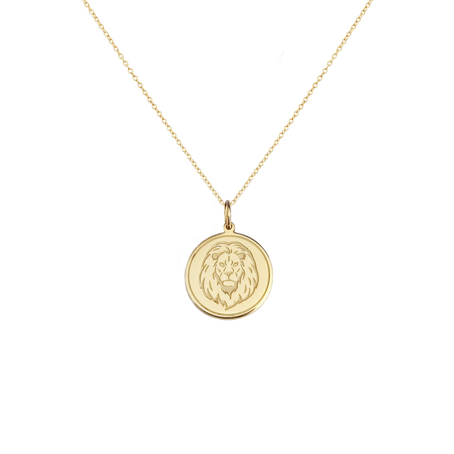 solid yellow gold disc pendant necklace engraved with a lion head and a circle frame around it