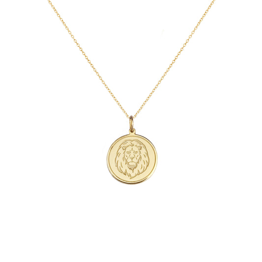 solid yellow gold disc pendant necklace engraved with a lion head and a circle frame around it