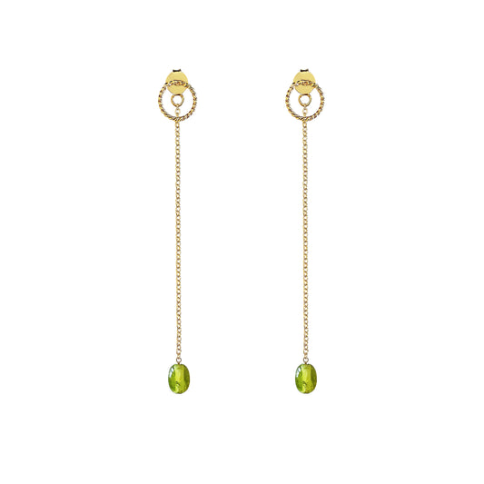 pair of solid yellow gold jacket earrings with a small twisted circle stud on the front and a long chain with a peridot bead at the end dangling on the back