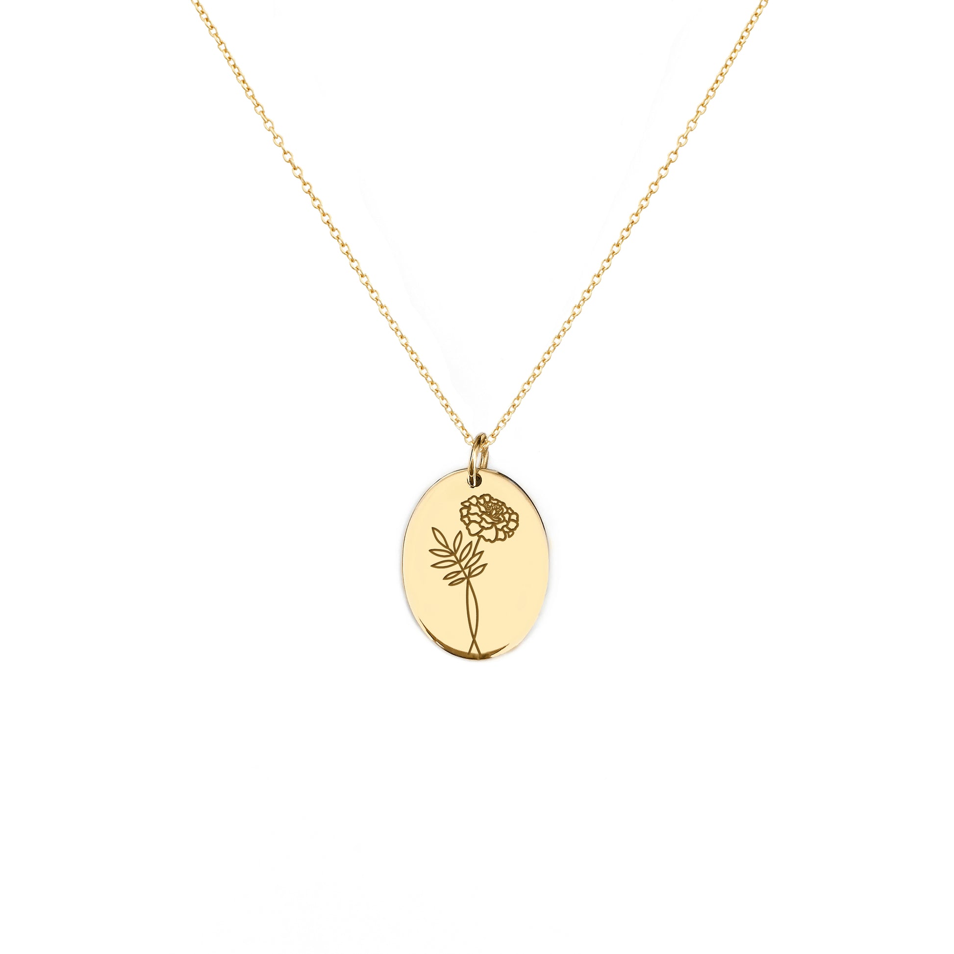 solid yellow gold oval pendant necklace engraved with a Marigold the birth flower of October