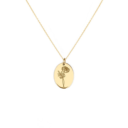 solid yellow gold oval pendant necklace engraved with a Marigold the birth flower of October