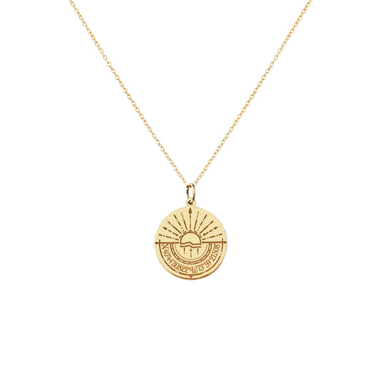 solid yellow gold disc pendant necklace engraved with a compass and personalized coordinates