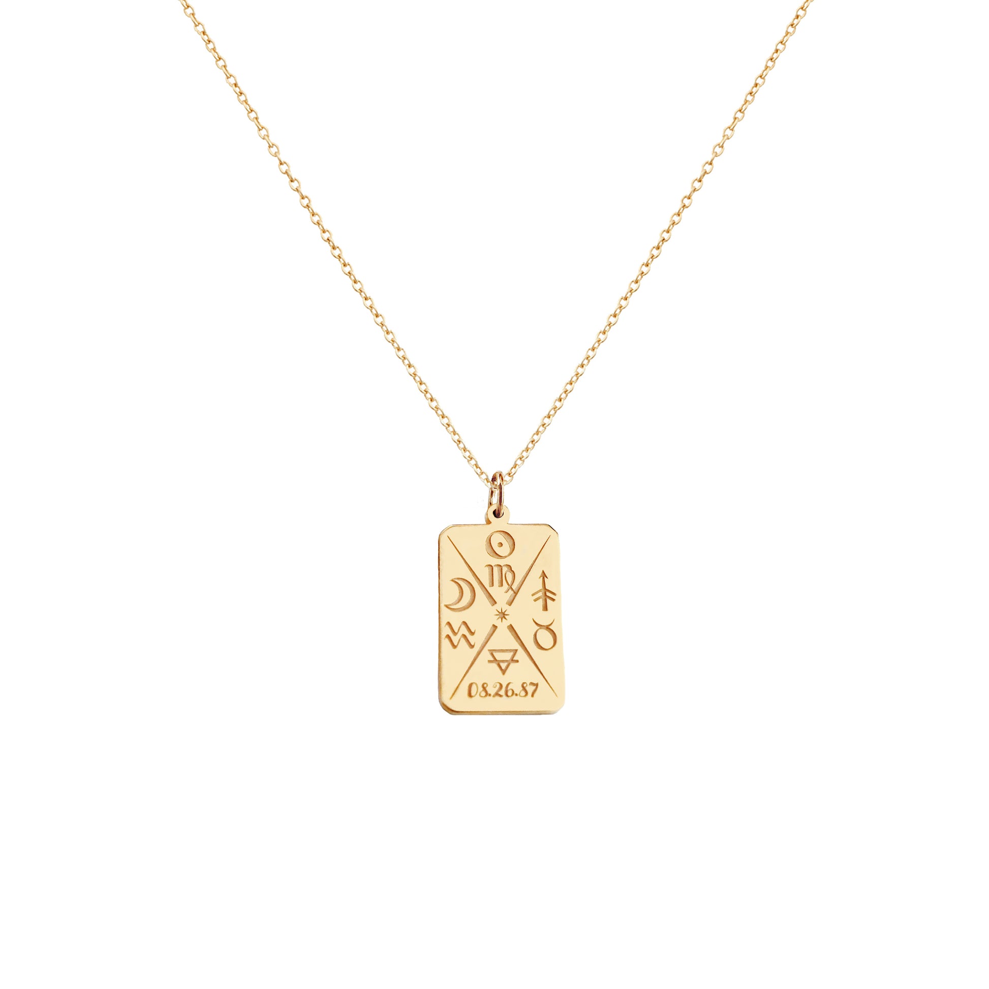 solid yellow gold octagon pendant necklace personalized with natal chart zodiac signs of the sun the moon and ascendant, a birth date and an alchemy element