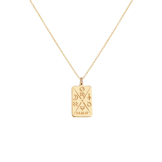 solid yellow gold octagon pendant necklace personalized with natal chart zodiac signs of the sun the moon and ascendant, a birth date and an alchemy element