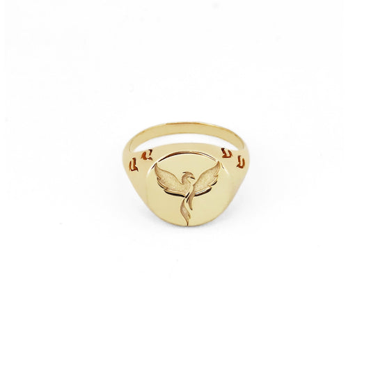 Phoenix Firebird Rising Signet Ring in Solid Gold
