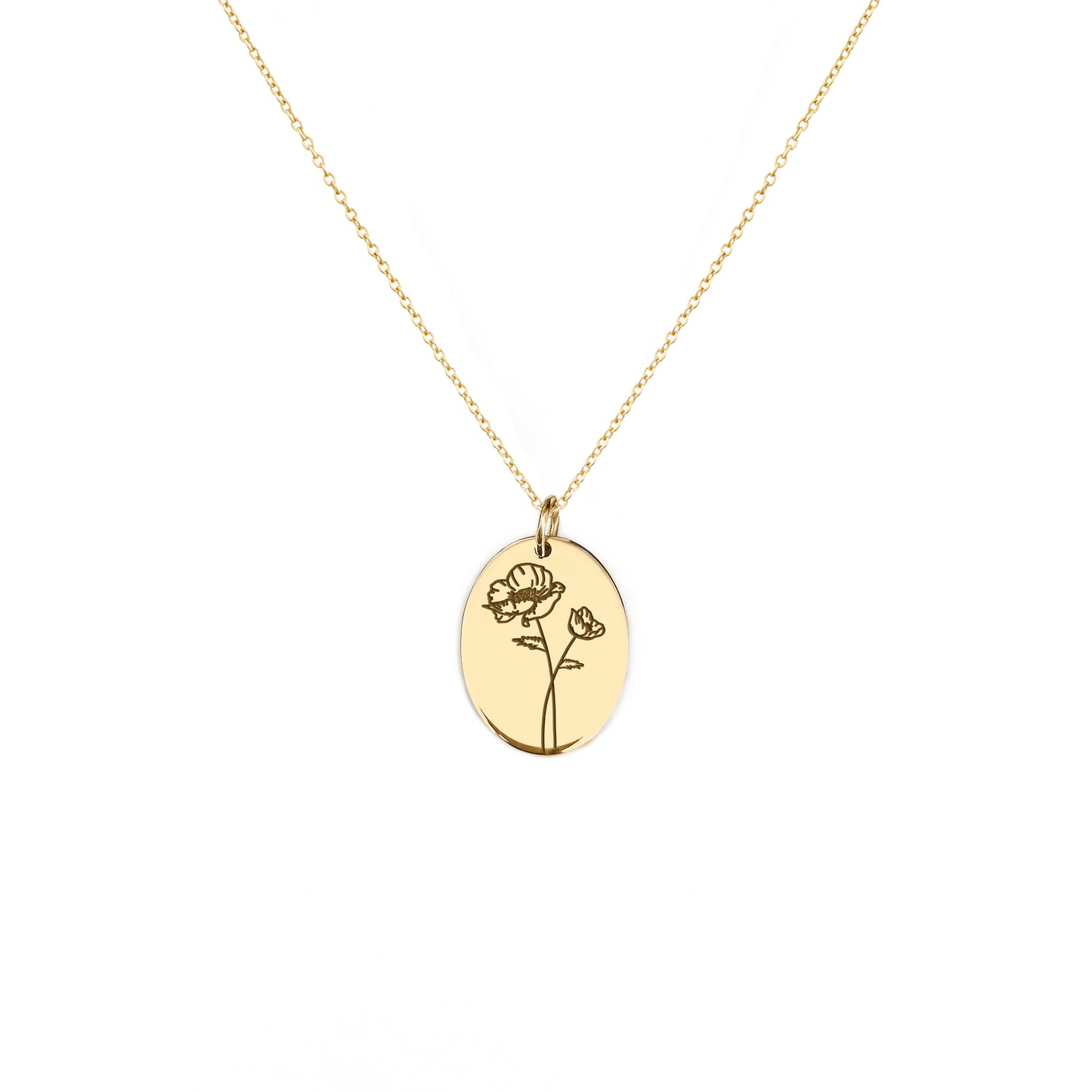 solid yellow gold oval pendant necklace engraved with a Poppy the birth flower of August