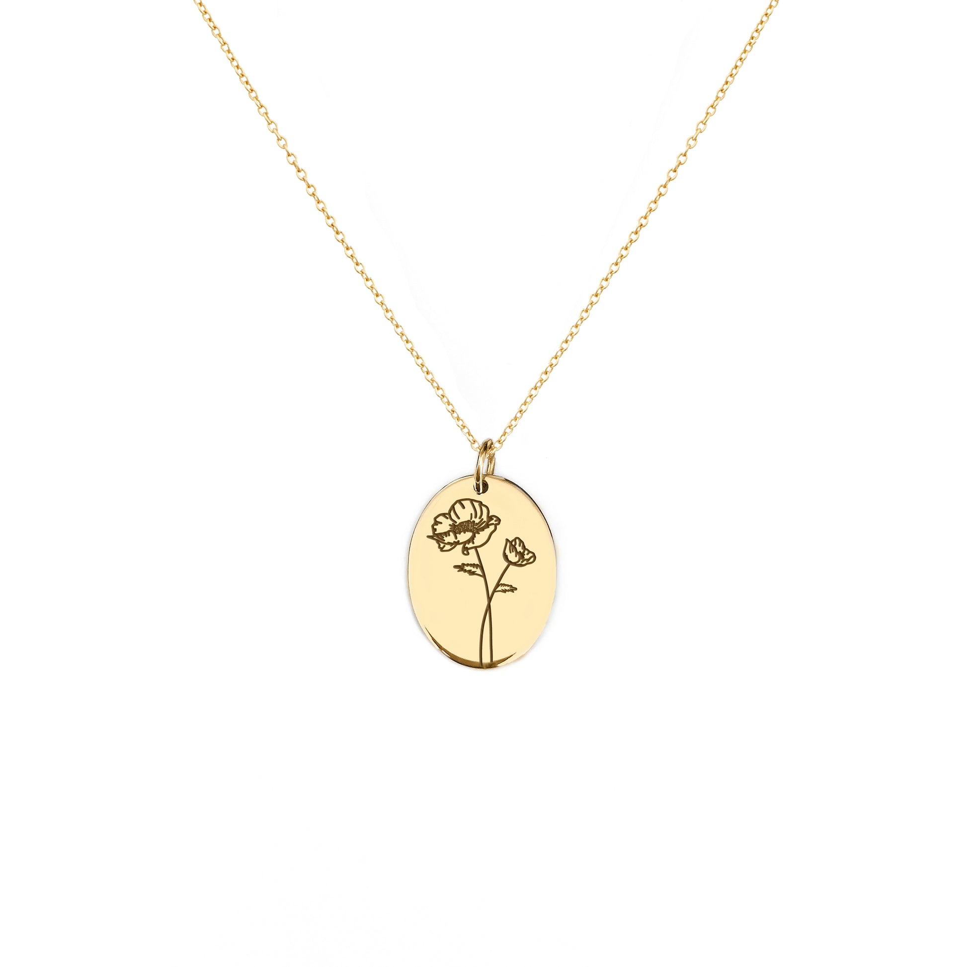 solid yellow gold oval pendant necklace engraved with a Poppy the birth flower of August